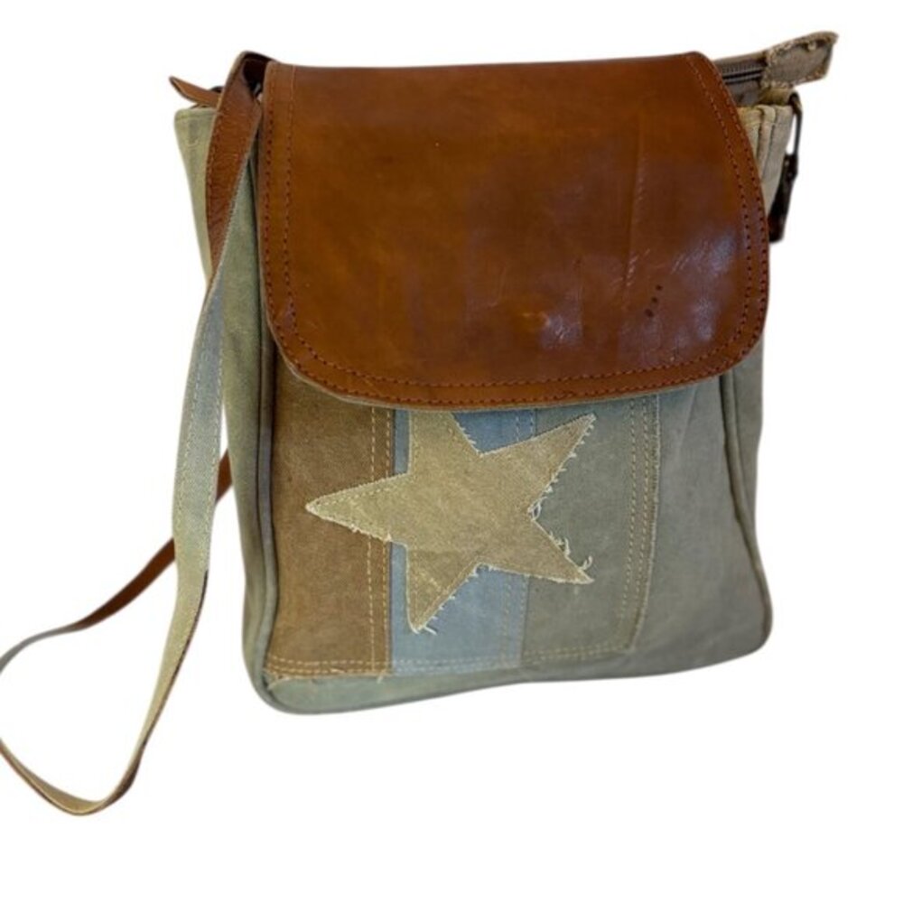 Mona B Green/Gray Denim Leather Flap Closure Star On Front Crossbody Handbag